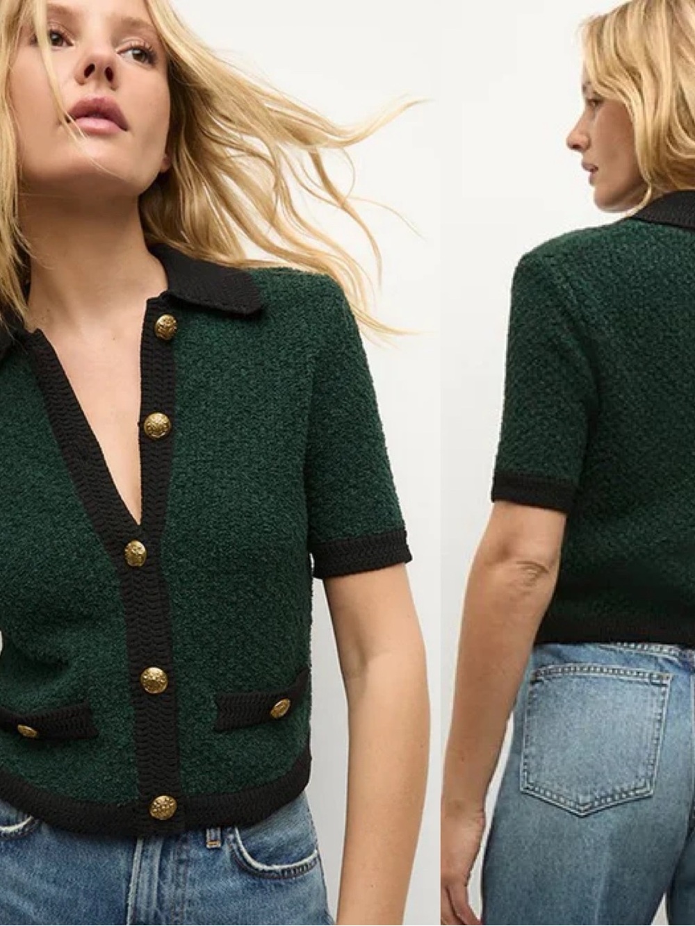 Veronica Beard Marie Houndstooth Knit Cotton Wool Blend Green Jacket L